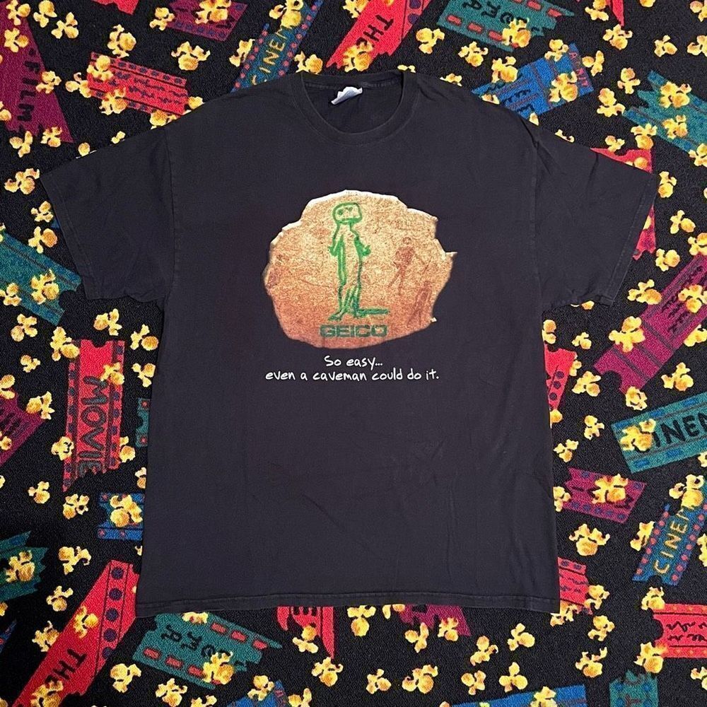 •VTG• Geico Gecko Caveman Painting Funny Black Graphic Tee Shirt / Size XL